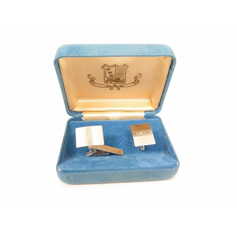 Vintage Sterling Silver Etched Cufflinks & Small Tie Clip Boxed Set*925 Hickok‎